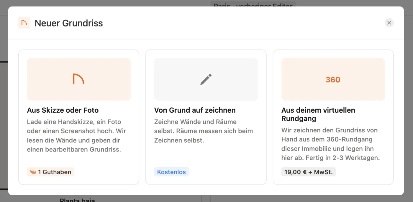 Der Bildschirm Neuer Grundriss in Pedra mit den drei Optionen: Aus Skizze oder Foto, Von Grund auf zeichnen und Aus deinem virtuellen Rundgang für 19,00 € + MwSt.