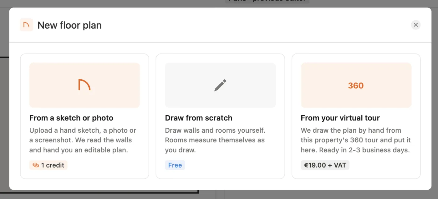 The New floor plan screen in Pedra showing the three options: From a sketch or photo, Draw from scratch, and From your virtual tour at €19.00 + VAT