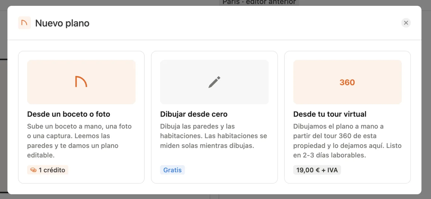 La pantalla Nuevo plano de Pedra con las tres opciones: Desde un boceto o foto, Dibujar desde cero y Desde tu tour virtual por 19,00 € + IVA