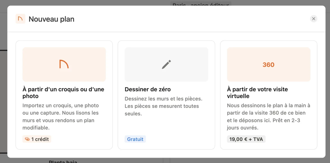 L'écran Nouveau plan de Pedra avec les trois options : À partir d'un croquis ou d'une photo, Dessiner de zéro et À partir de votre visite virtuelle à 19,00 € + TVA