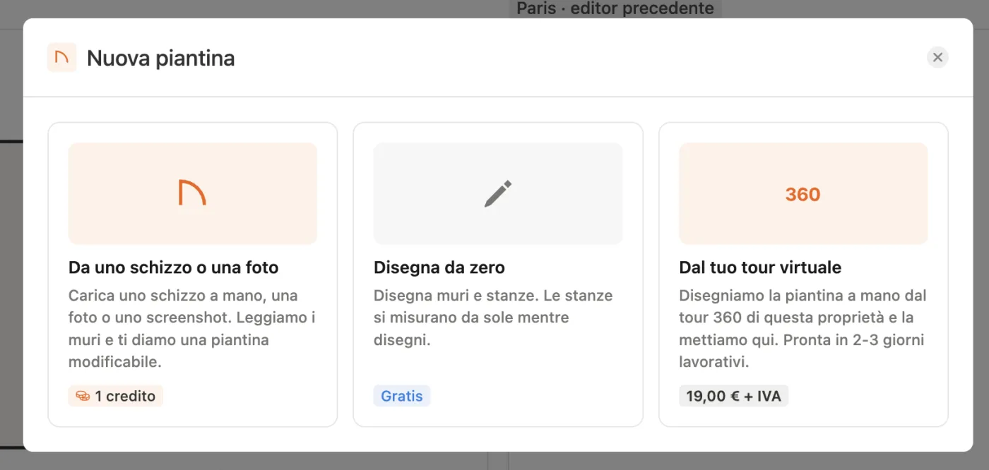 La schermata Nuova piantina di Pedra con le tre opzioni: Da uno schizzo o una foto, Disegna da zero e Dal tuo tour virtuale a 19,00 € + IVA
