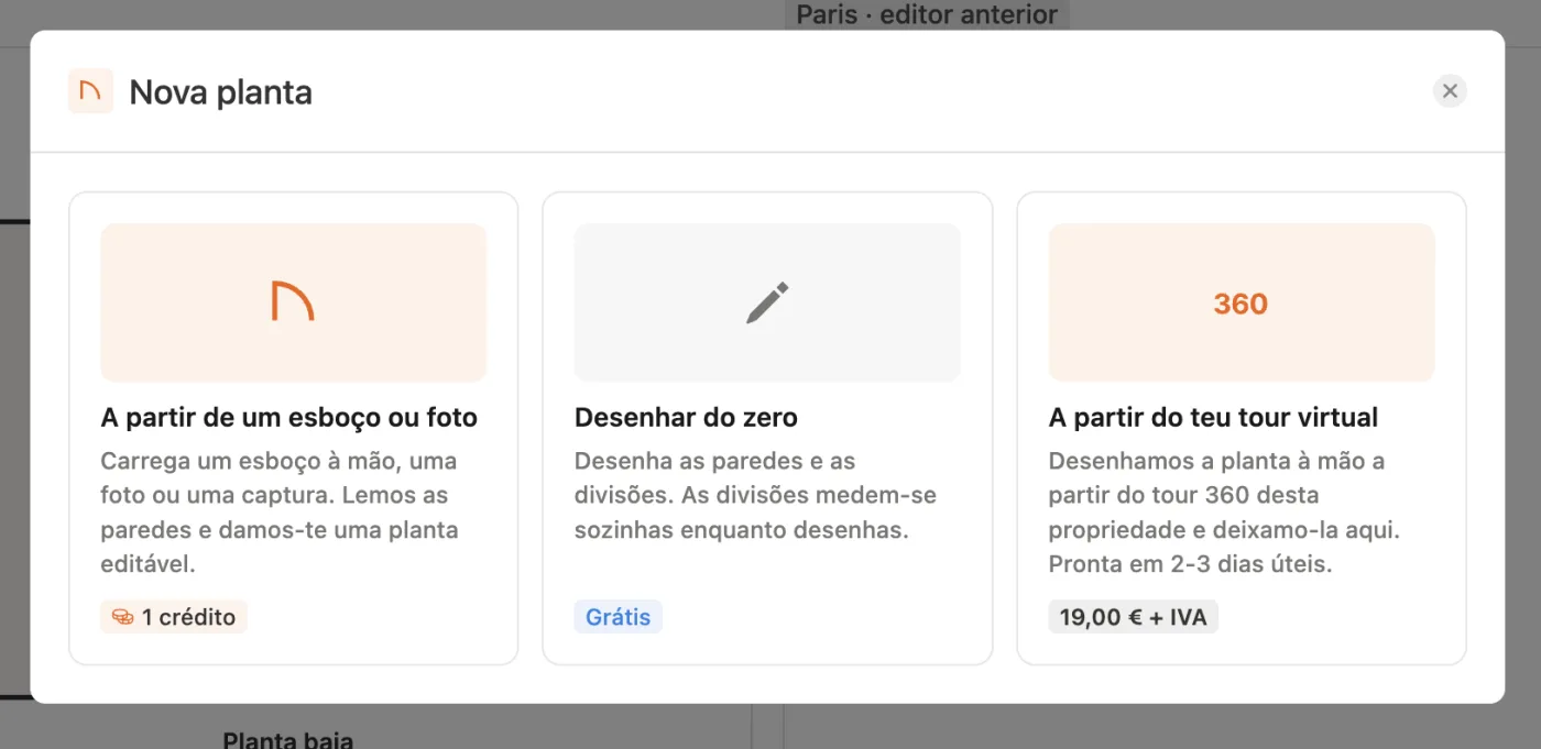 O ecrã Nova planta da Pedra com as três opções: A partir de um esboço ou foto, Desenhar do zero e A partir do teu tour virtual por 19,00 € + IVA