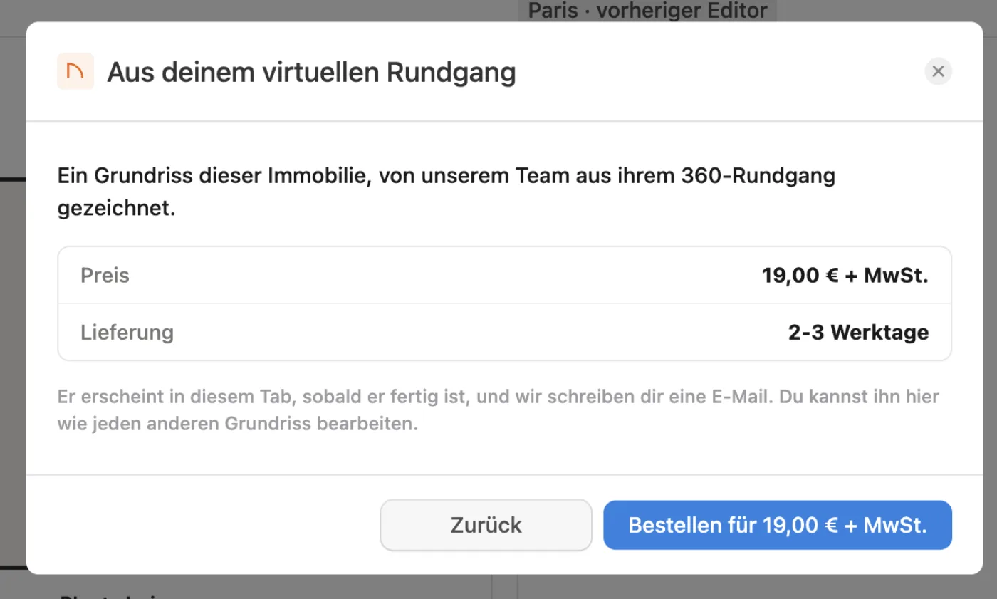 Der Bestellbildschirm für den aus dem virtuellen Rundgang gezeichneten Grundriss, mit dem Preis 19,00 € + MwSt. und Lieferung in 2-3 Werktagen