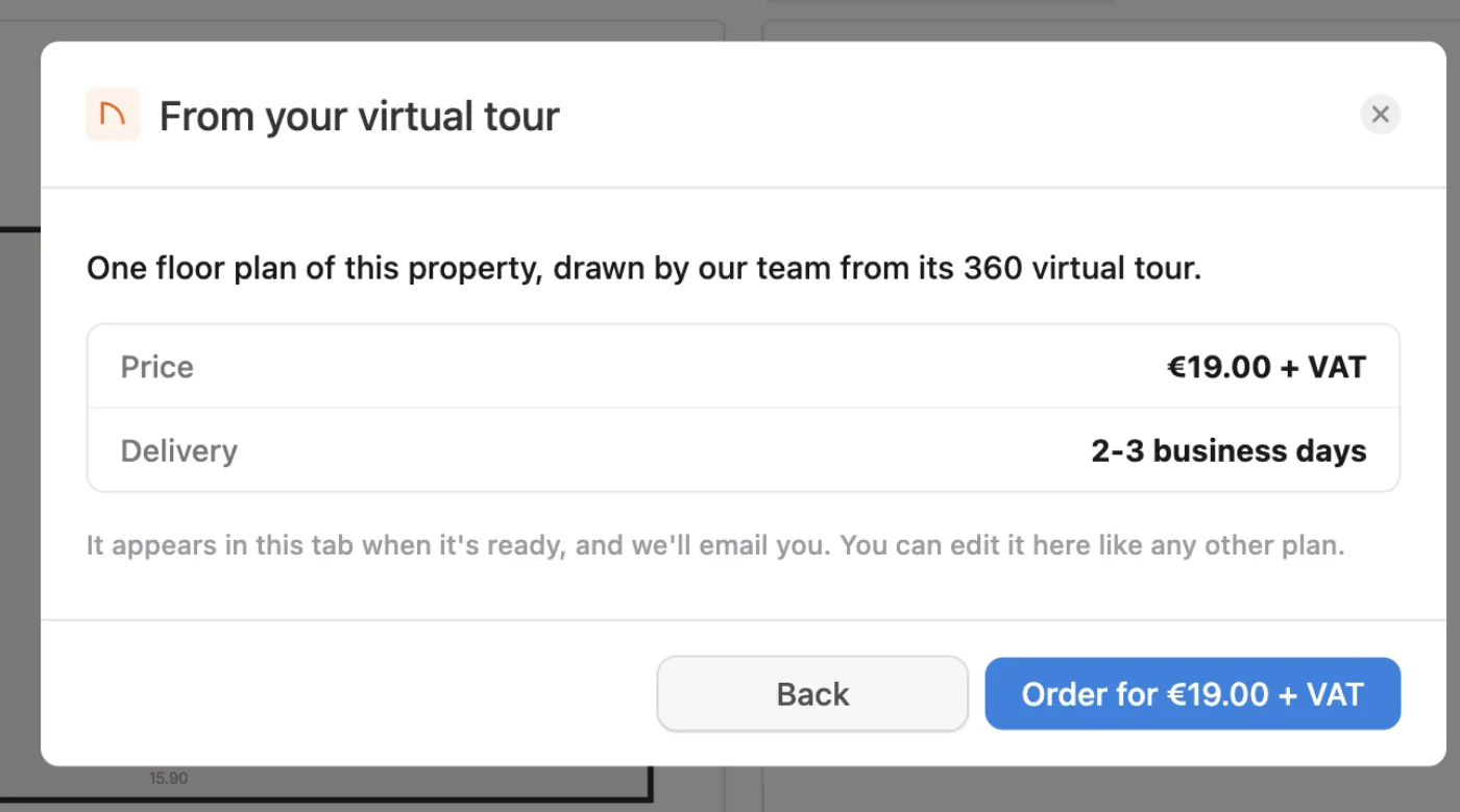 The order screen for a floor plan drawn from a virtual tour, showing the price €19.00 + VAT and delivery in 2-3 business days