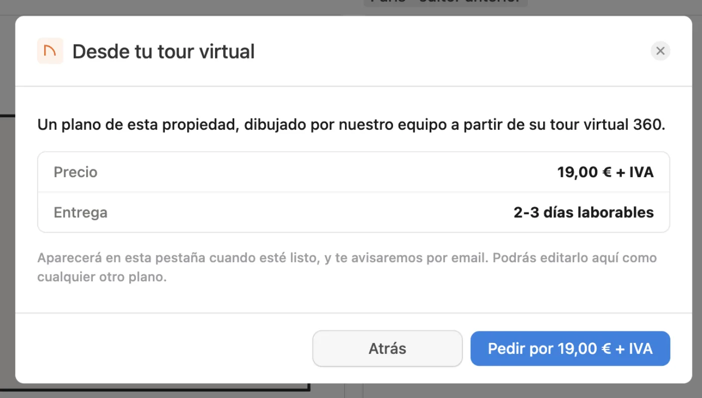 La pantalla de pedido del plano dibujado a partir del tour virtual, con el precio 19,00 € + IVA y la entrega en 2-3 días laborables