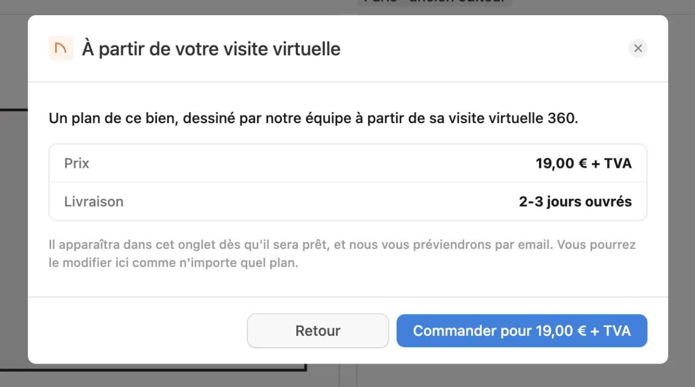 L'écran de commande du plan dessiné à partir de la visite virtuelle, avec le prix 19,00 € + TVA et la livraison en 2-3 jours ouvrés