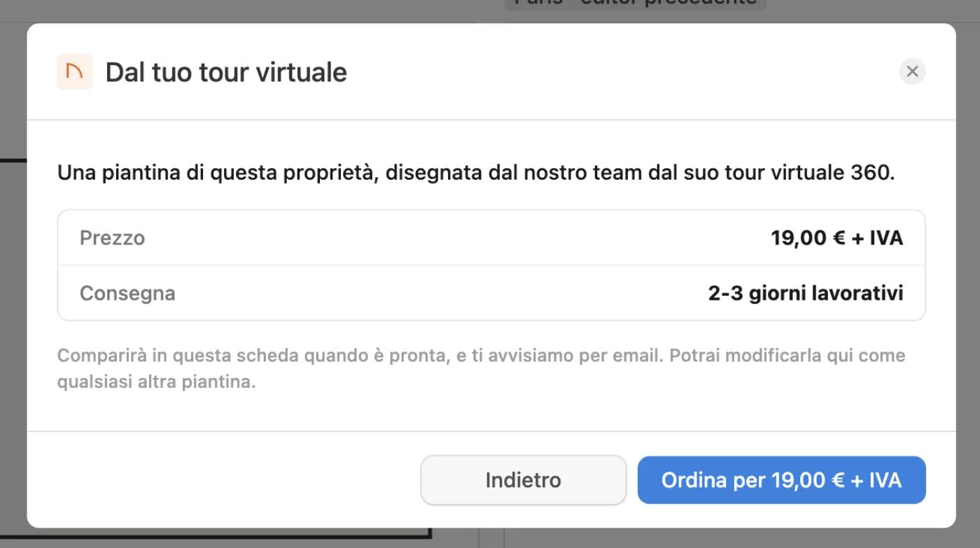 La schermata d'ordine della planimetria disegnata dal tour virtuale, con il prezzo 19,00 € + IVA e la consegna in 2-3 giorni lavorativi