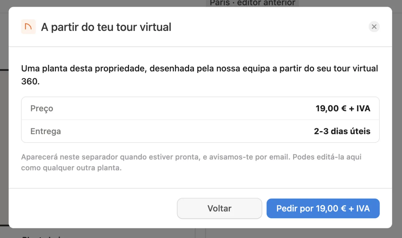 O ecrã de encomenda da planta desenhada a partir do tour virtual, com o preço 19,00 € + IVA e a entrega em 2-3 dias úteis