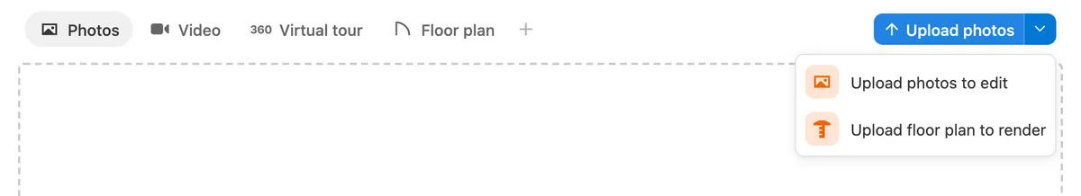 The Upload floor plan to render option in Pedra's Upload photos menu