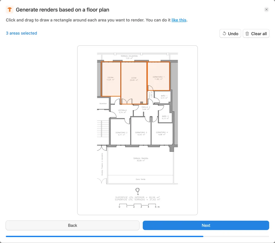 Drawing a rectangle around each room of the floor plan in Pedra