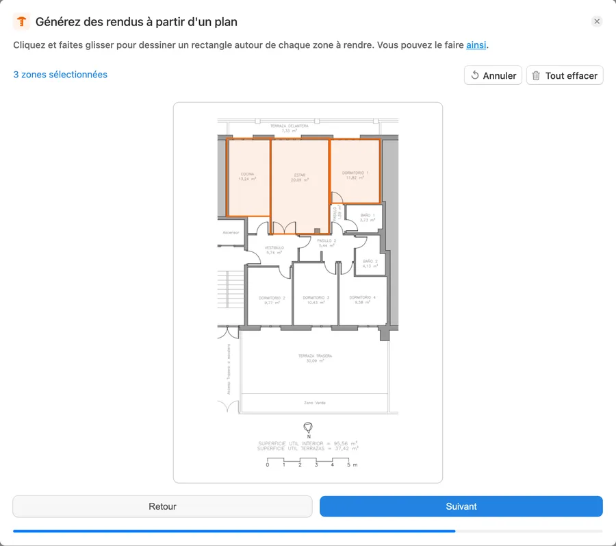 Dessiner un rectangle autour de chaque pièce du plan dans Pedra