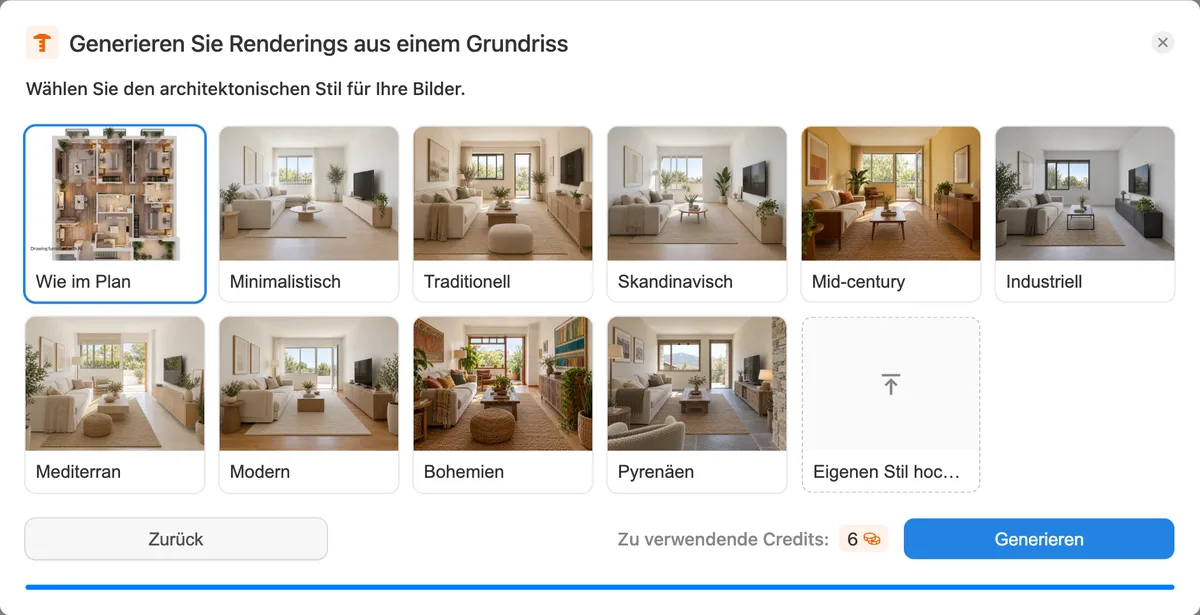 Den Stil für die Grundriss-Renderings in Pedra wählen