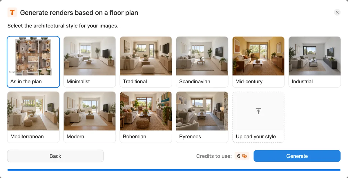 Choosing the style for the floor plan renders in Pedra