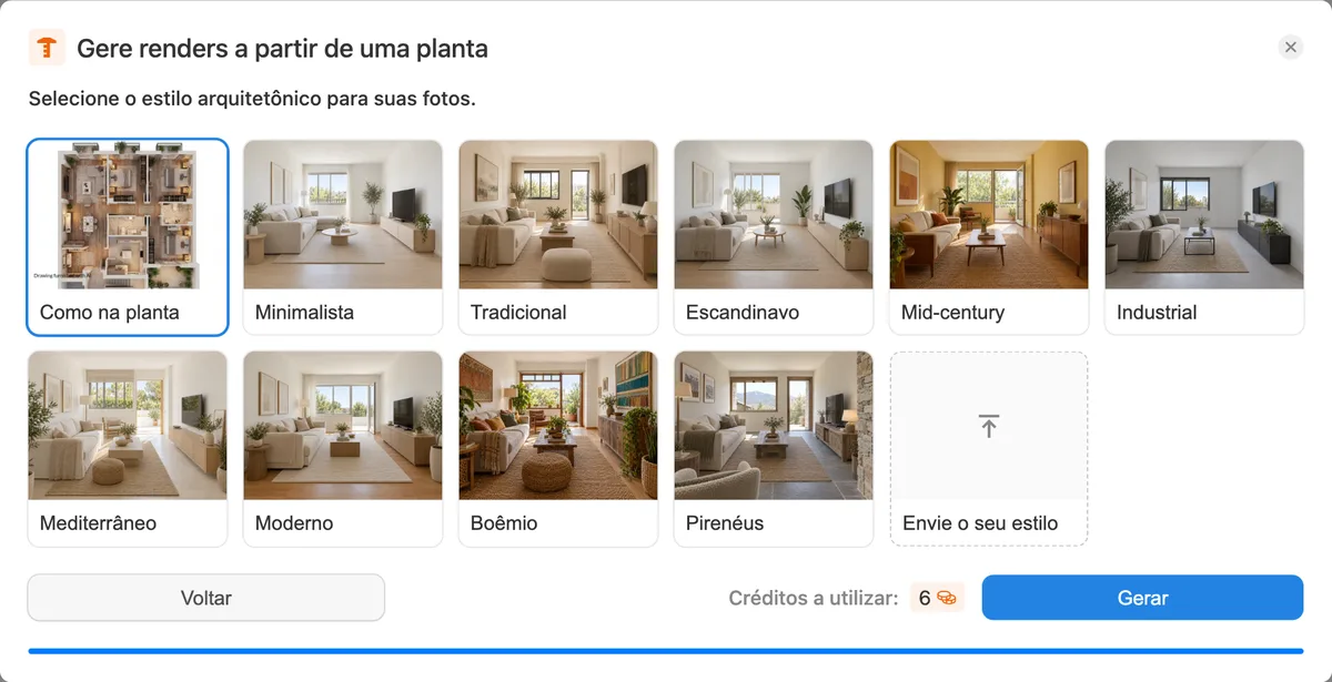 Escolher o estilo dos renders da planta na Pedra