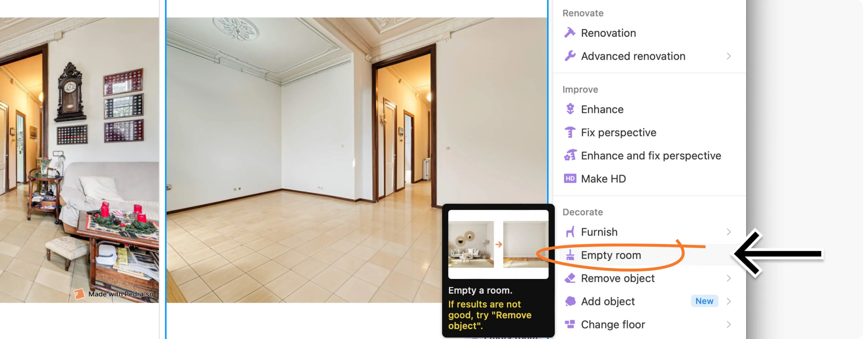 Cómo vaciar habitaciones en casas y propiedades – Captura de pantalla del software Pedra