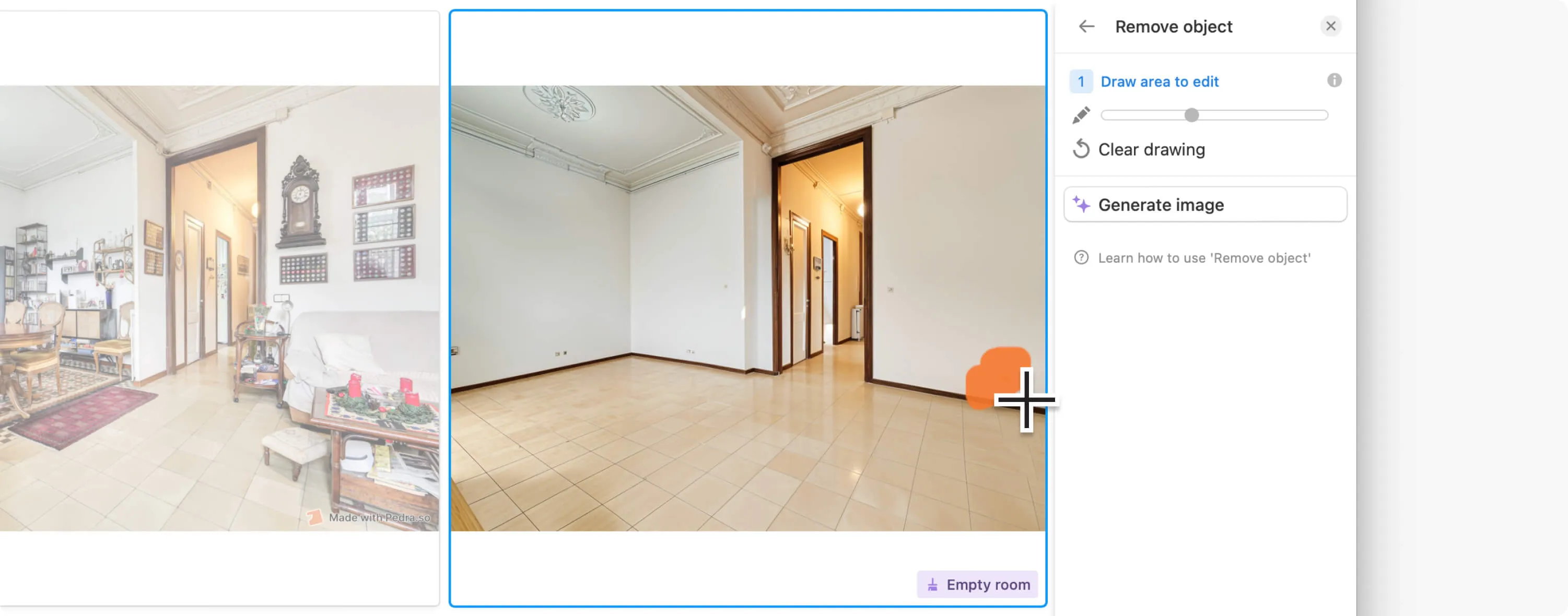 Cómo vaciar habitaciones en partes – Captura de pantalla del software Pedra