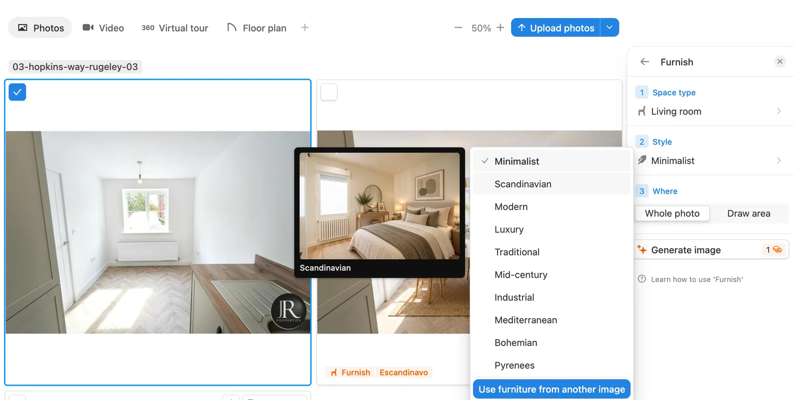 Hover over a style to preview it before furnishing – Pedra software screenshot
