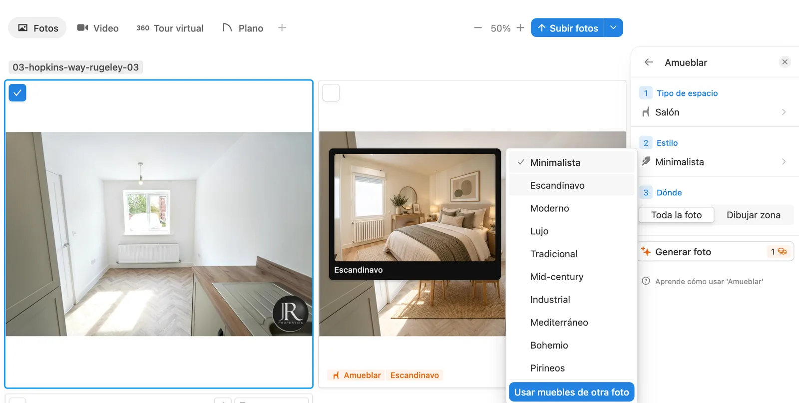 Pasa el ratón por encima de un estilo para ver la vista previa antes de amueblar – Captura de pantalla del software de Pedra
