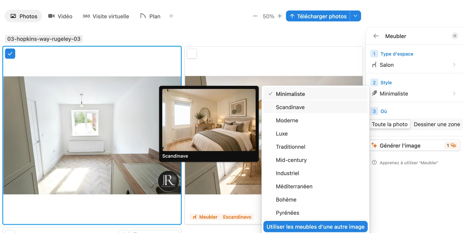Survolez un style pour le prévisualiser avant de meubler – Capture d'écran du logiciel Pedra