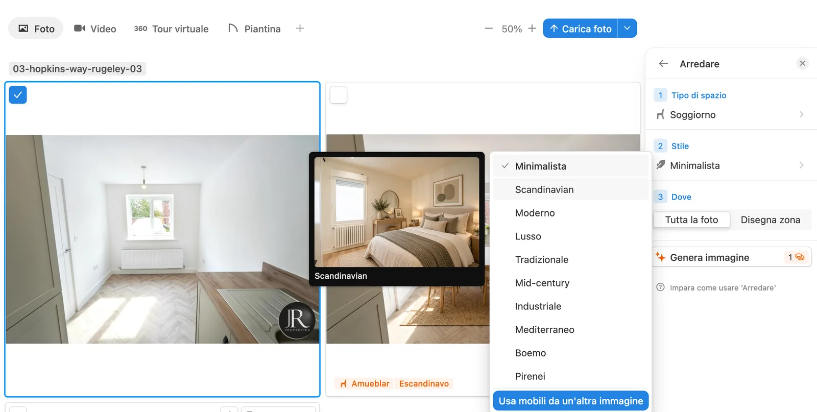 Passa il cursore su uno stile per vederne l'anteprima prima di arredare – Screenshot software Pedra