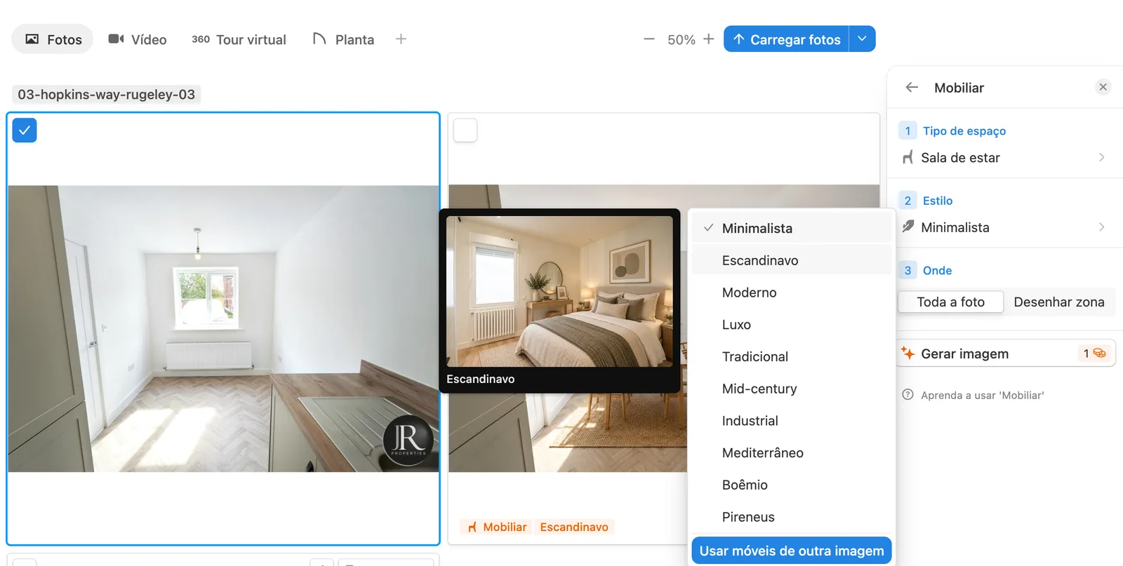 Passe o mouse sobre um estilo para ver a prévia antes de mobiliar – Captura de tela do software Pedra