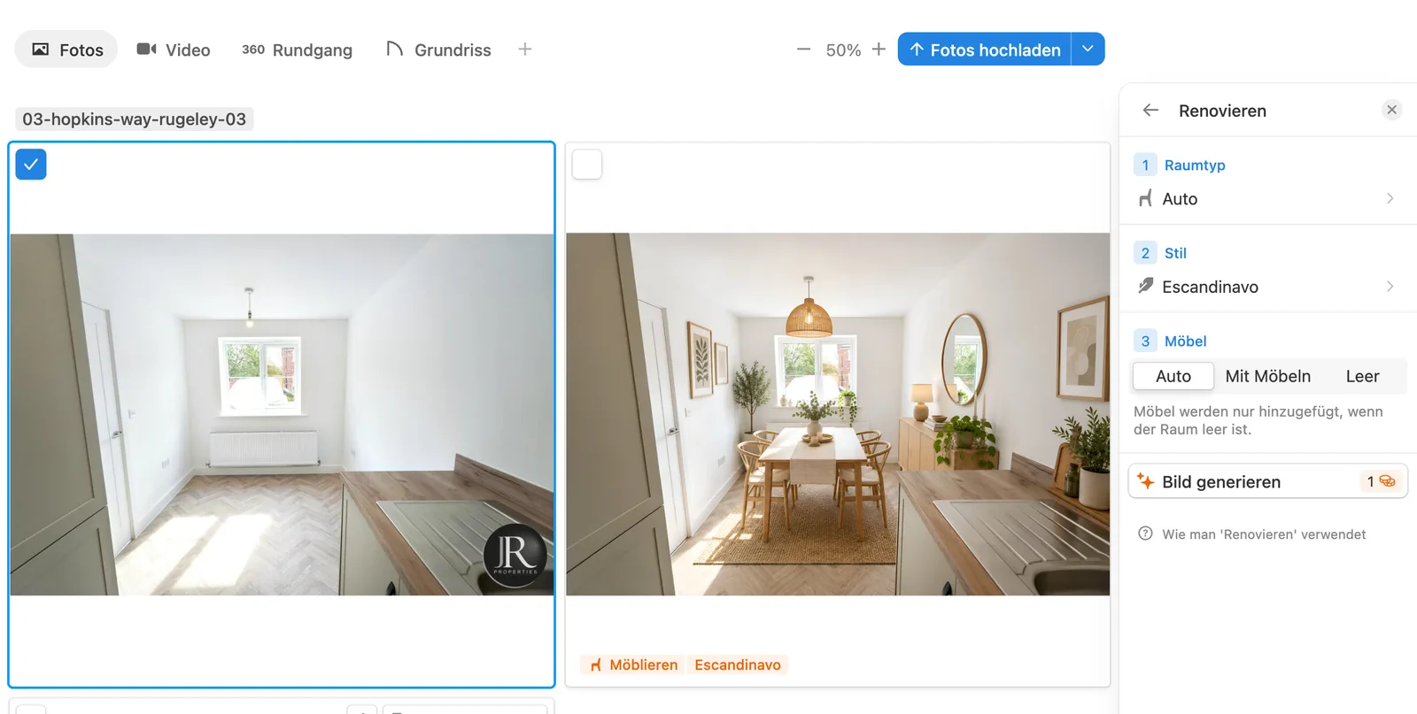 Menü, wie man virtuelles Home Staging für gebrauchte Immobilien erstellt
