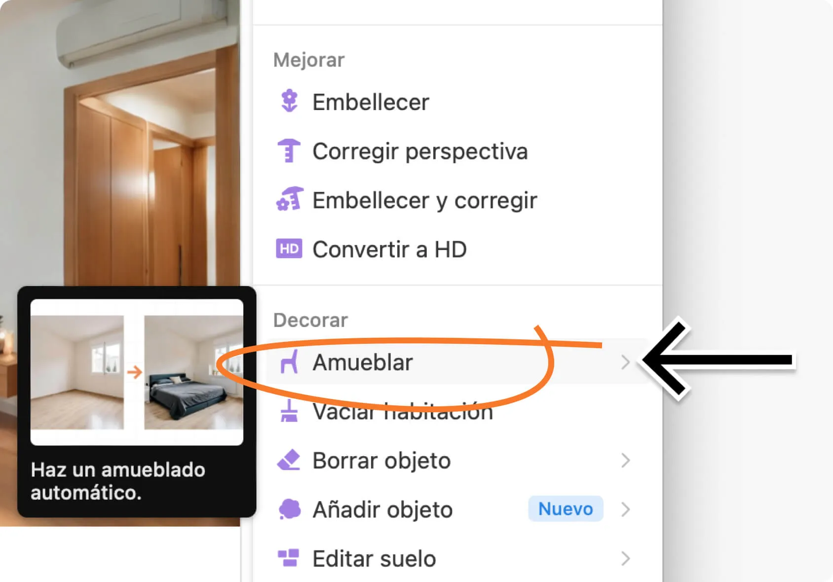 Menú para crear una puesta en escena virtual para un dormitorio