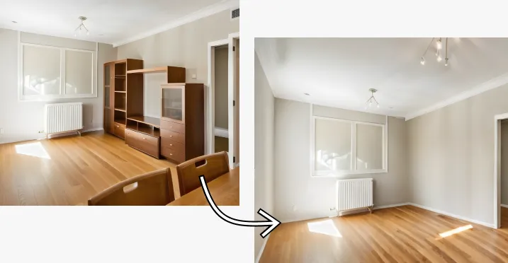 Mostrando antes y después de una habitación vacía con IA - Ejemplo