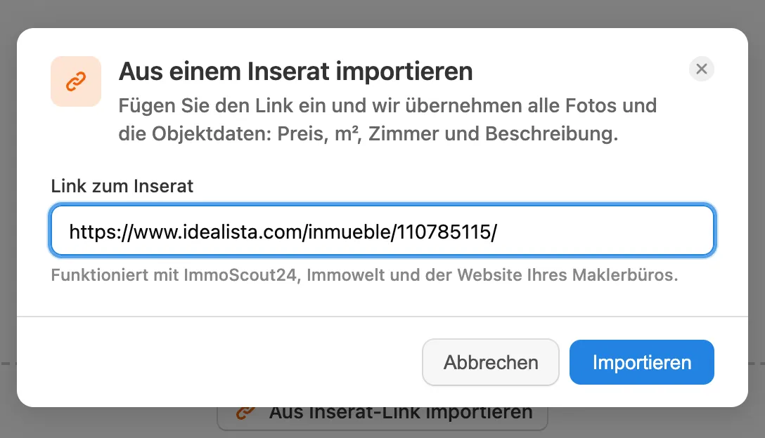 Ein Idealista-Link im Importfenster