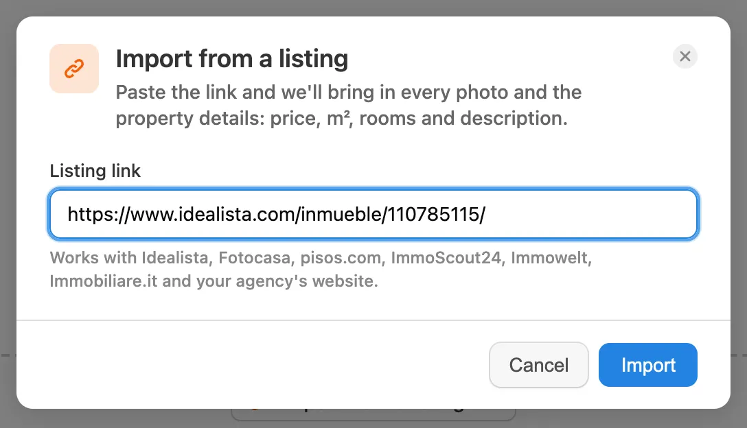 Pasting an Idealista link in the import window