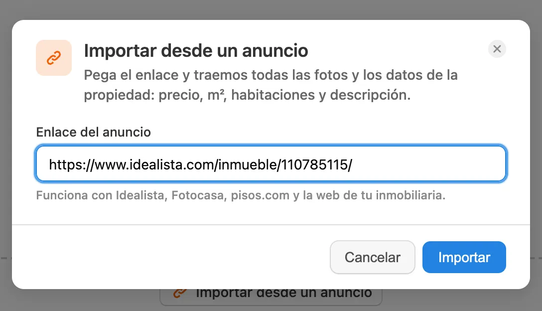 Pegando un enlace de Idealista en la ventana de importación