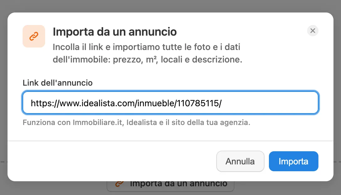 Un link di Idealista incollato nella finestra di importazione di Pedra