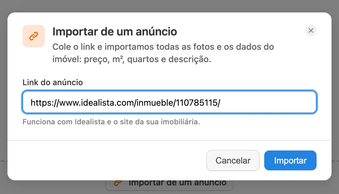 Um link do Idealista colado na janela de importação do Pedra