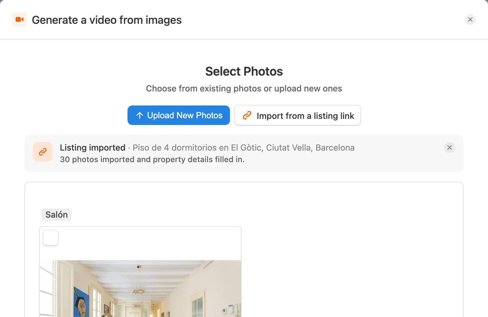 Selecting the imported photos for the video