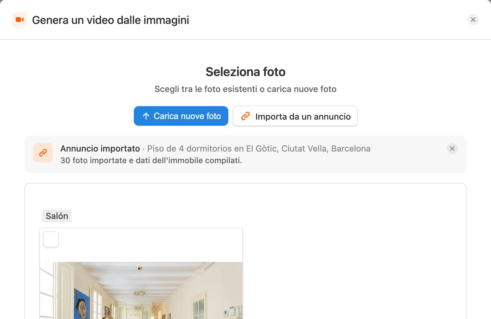Selezione delle foto importate per il video