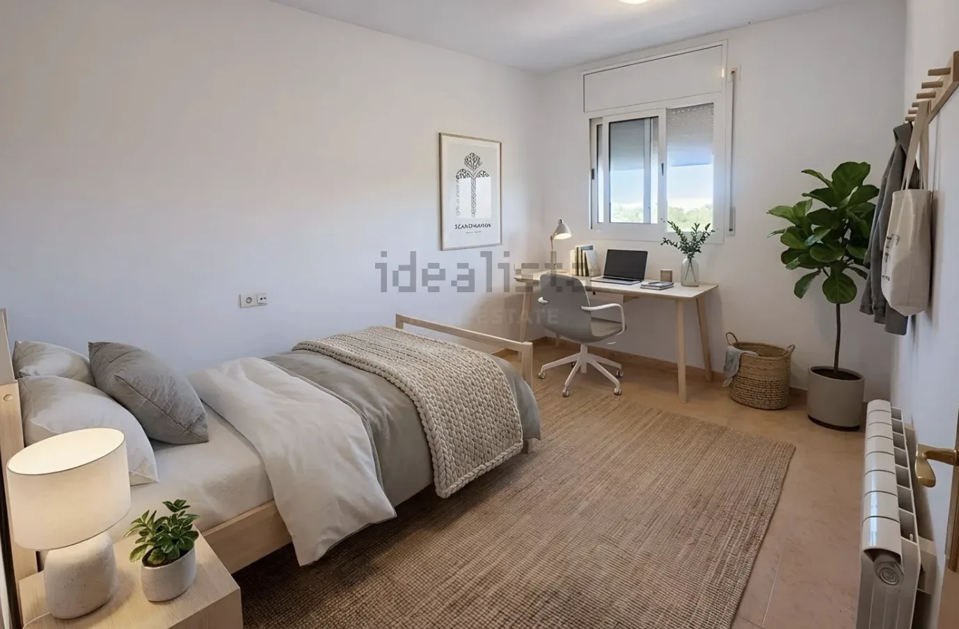 Segundo quarto mobilado virtualmente com zona de escritório