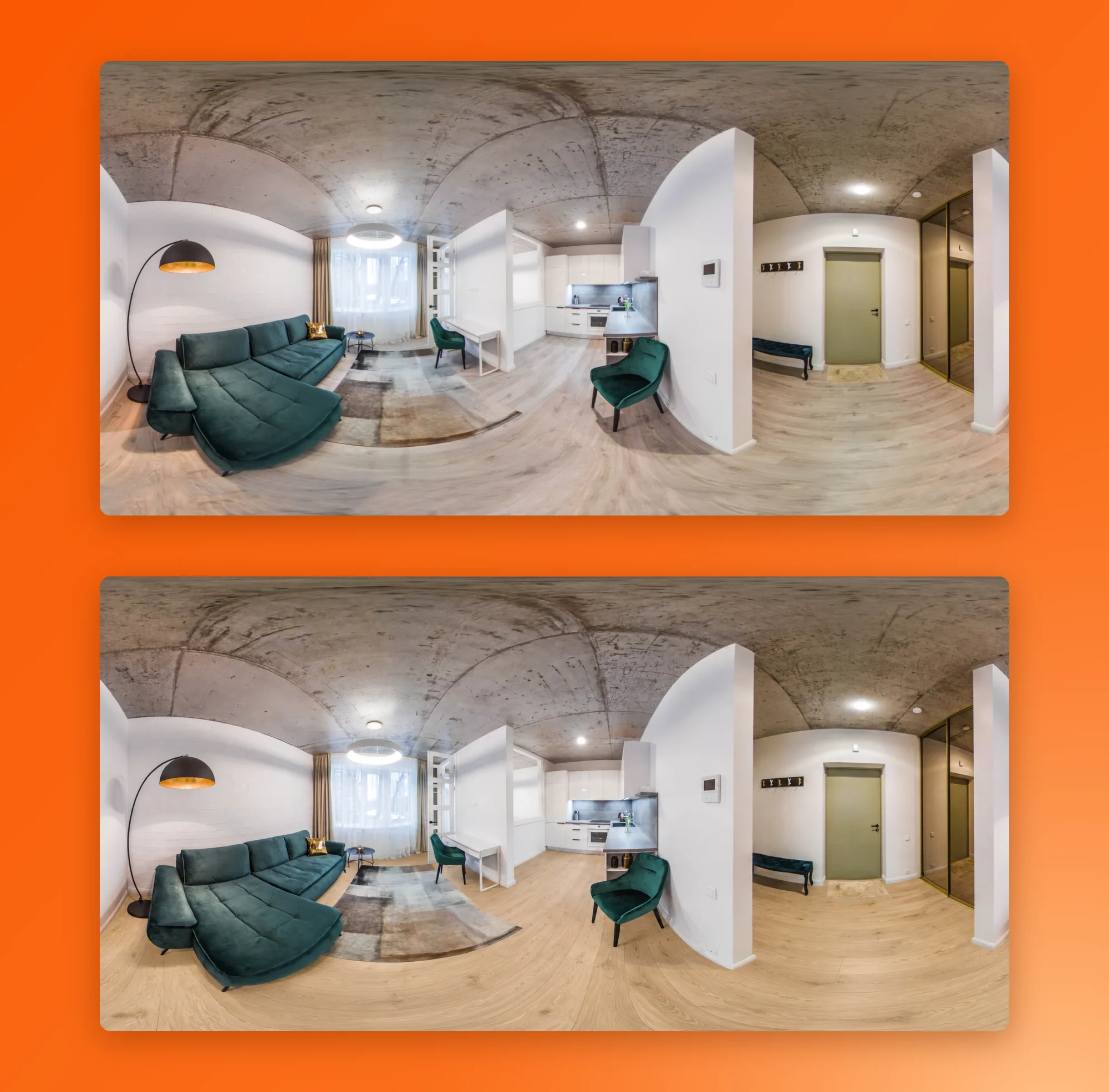 A 360 panorama of a living room before and after the prompt: change the grey floor to light oak planks