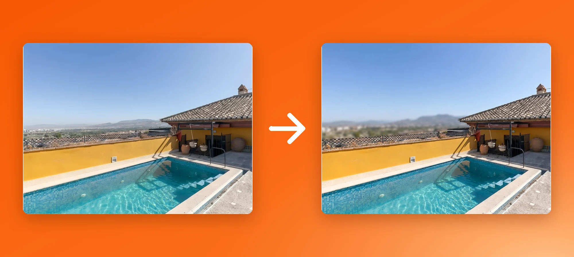 A pool terrace before and after the prompt: blur the town and mountains in the background, keep the pool sharp
