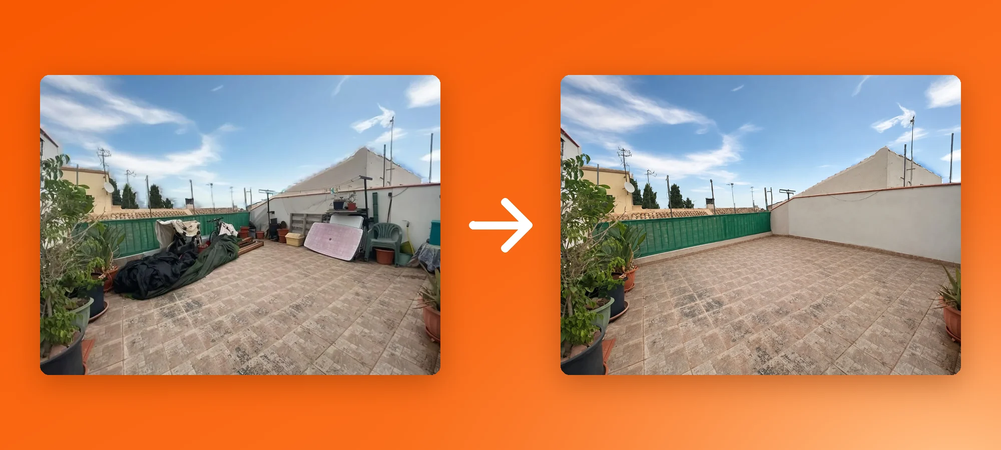 A roof terrace full of clutter before and after the prompt: remove the tarp, bikes, mattress and junk, keep the plants