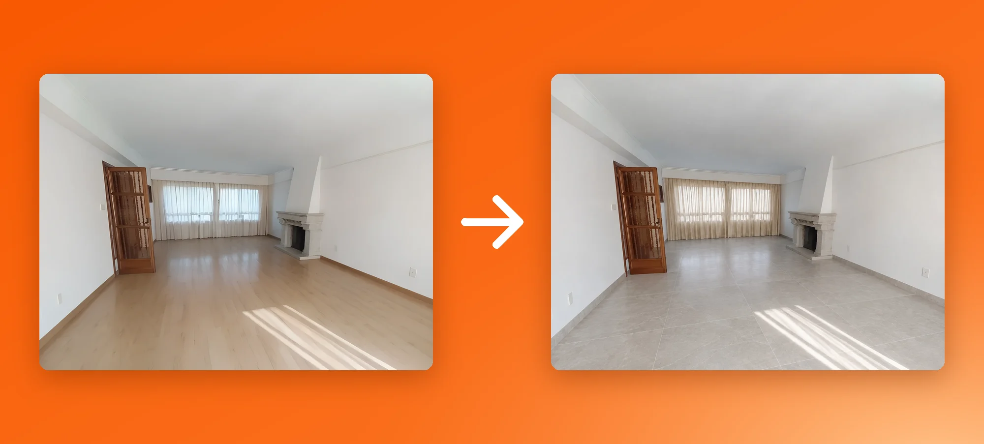 An empty living room before and after the prompt: change the wooden floor to light grey stone tiles and the white curtains to beige linen
