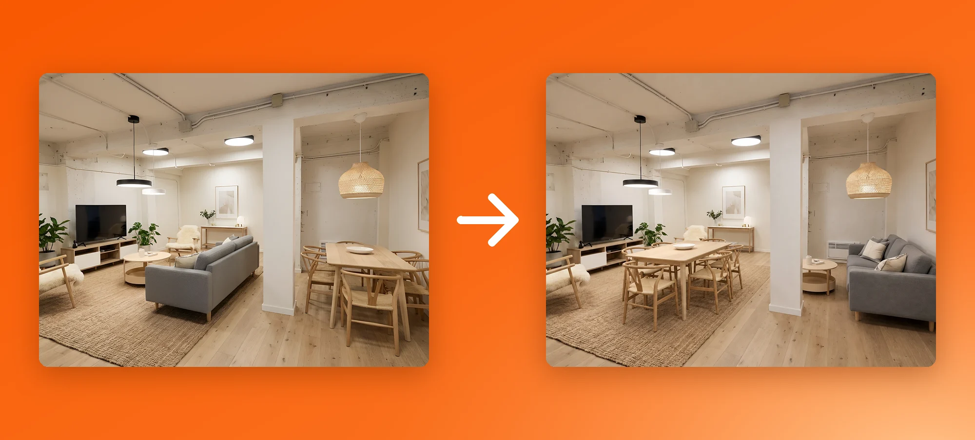A living room before and after the prompt: swap the grey sofa and the dining table