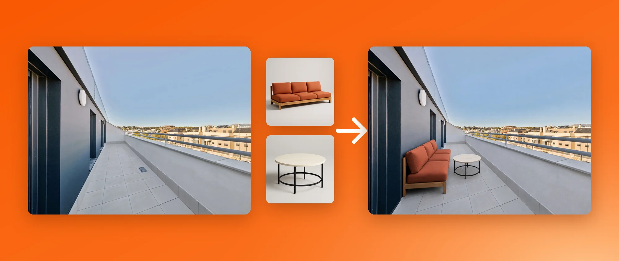 An empty terrace, two reference photos of an outdoor sofa and a round table, and the terrace with that sofa and table added