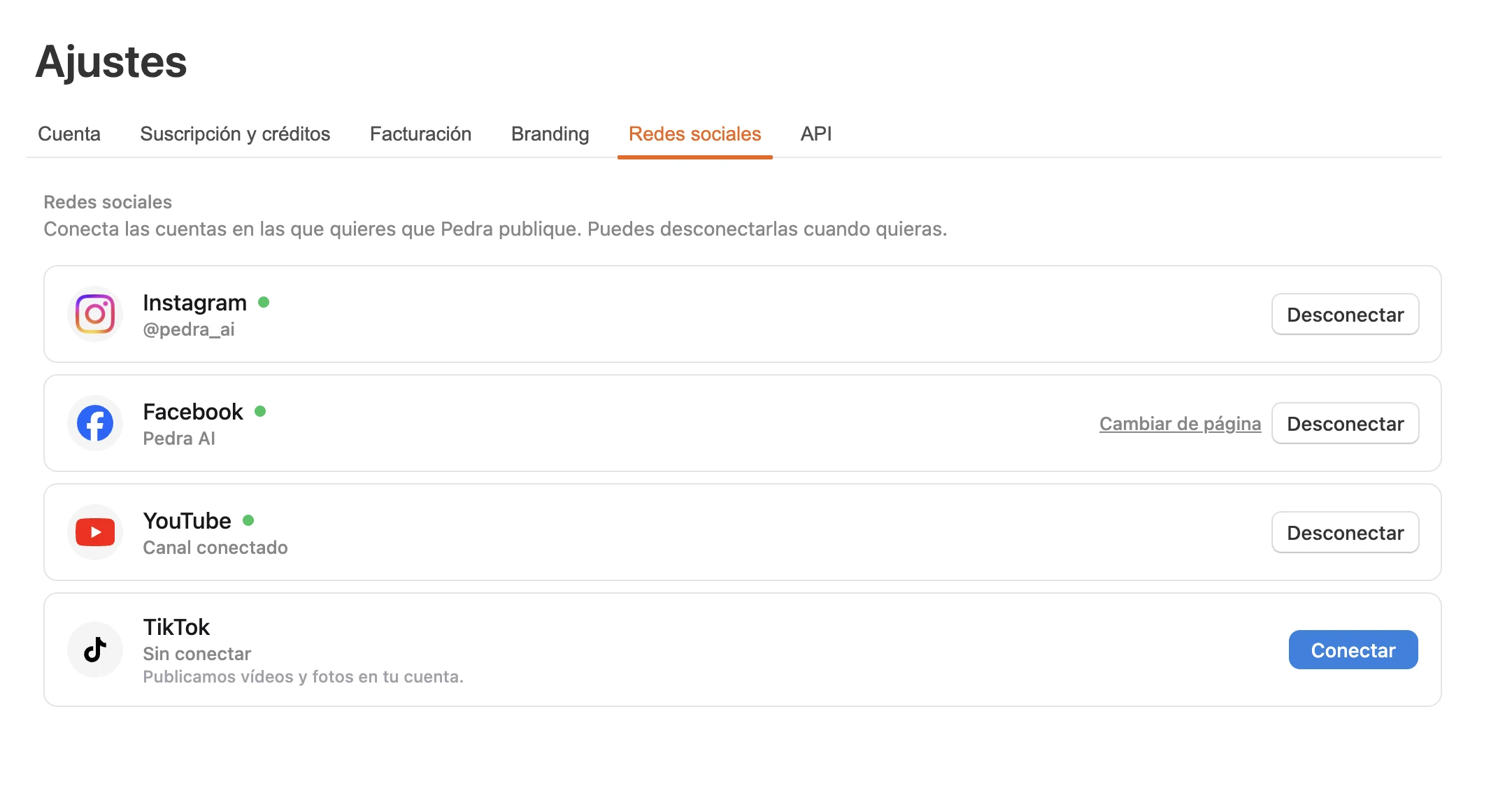 Ajustes de Pedra con las cuentas de Instagram, Facebook, YouTube y TikTok conectadas