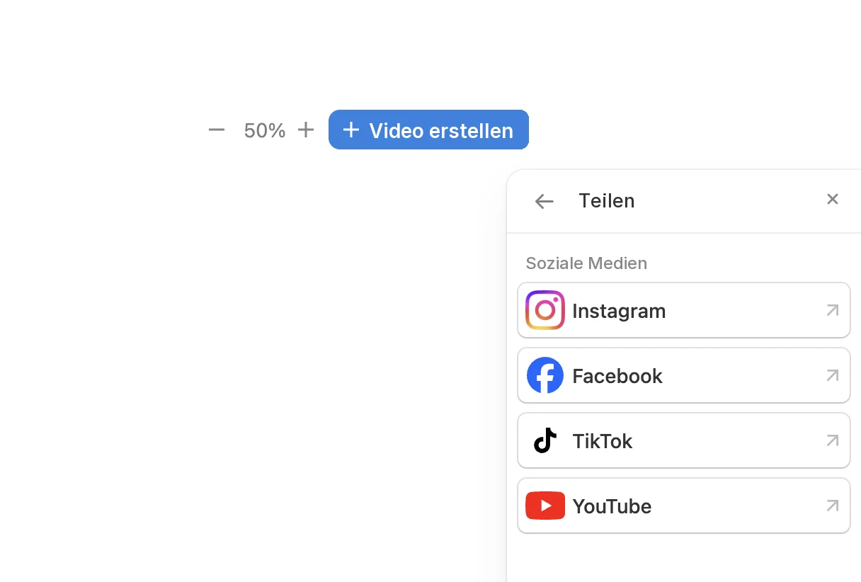 Das Teilen-Menü in Pedra mit Instagram, Facebook, TikTok und YouTube