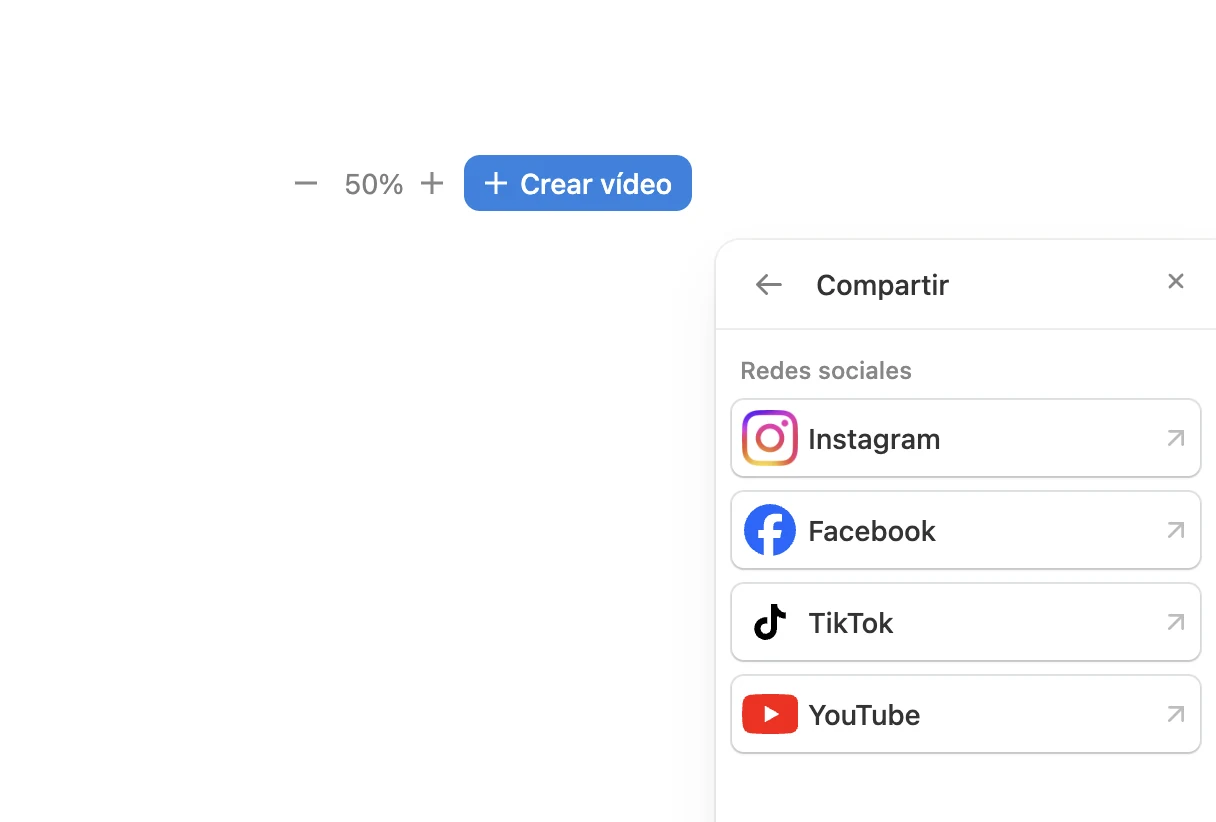 El menú Compartir de Pedra con Instagram, Facebook, TikTok y YouTube
