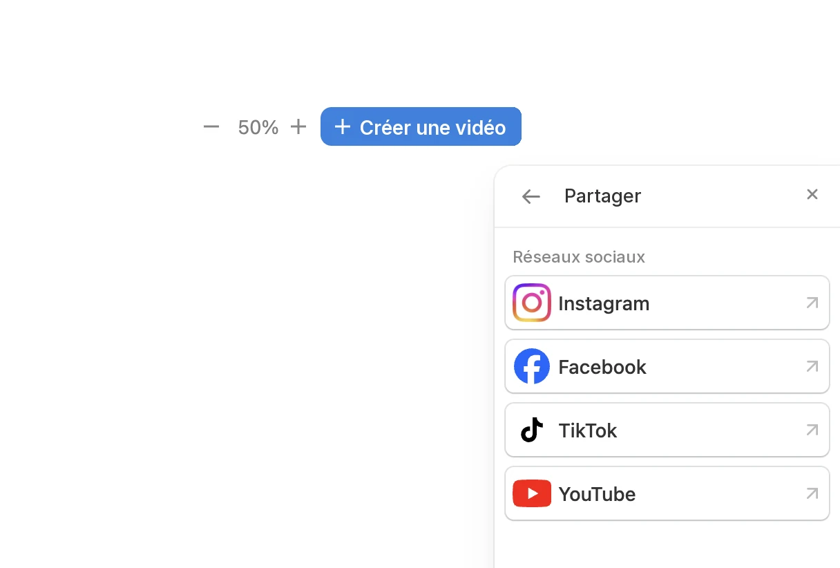 Le menu Partager de Pedra avec Instagram, Facebook, TikTok et YouTube