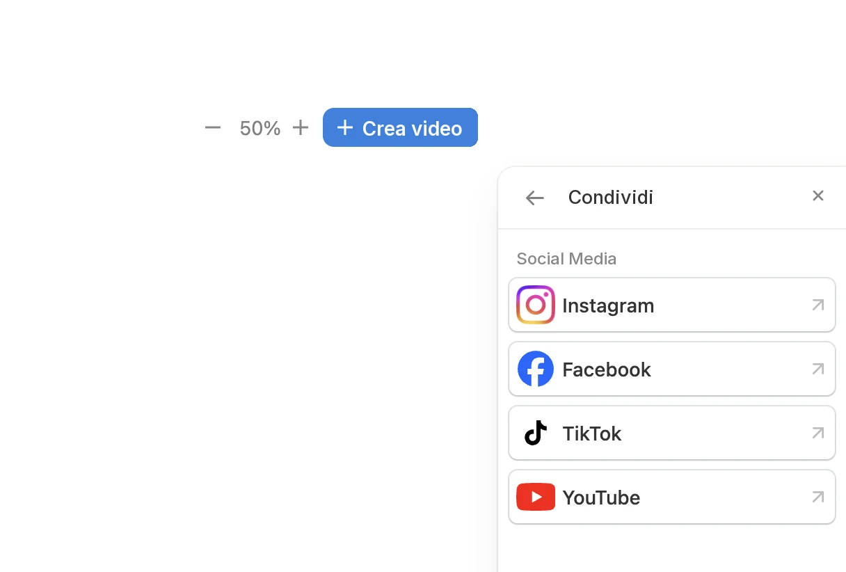 Il menu Condividi di Pedra con Instagram, Facebook, TikTok e YouTube