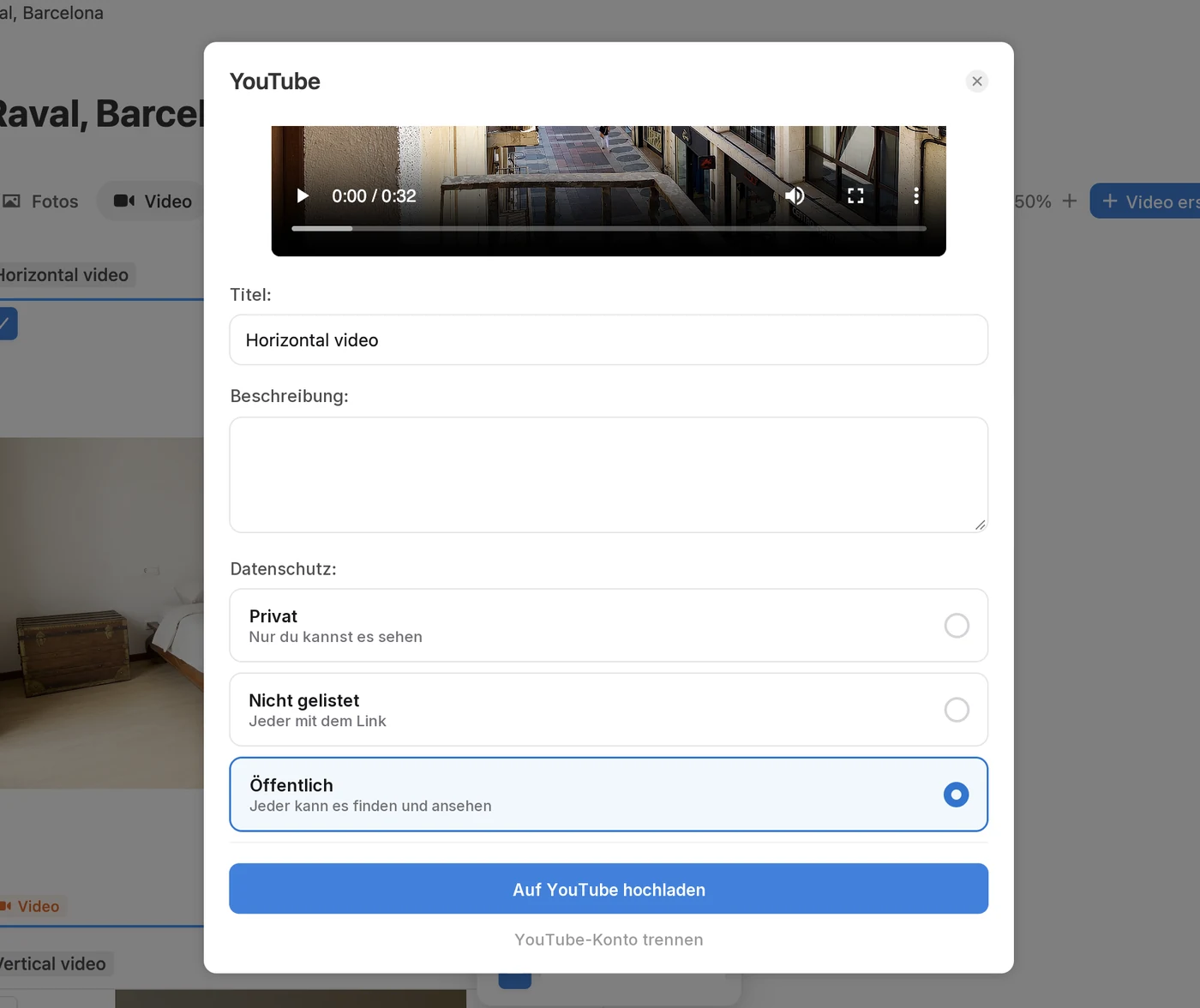 Ein Immobilienvideo aus Pedra auf YouTube hochladen, mit Titel, Beschreibung und Datenschutz