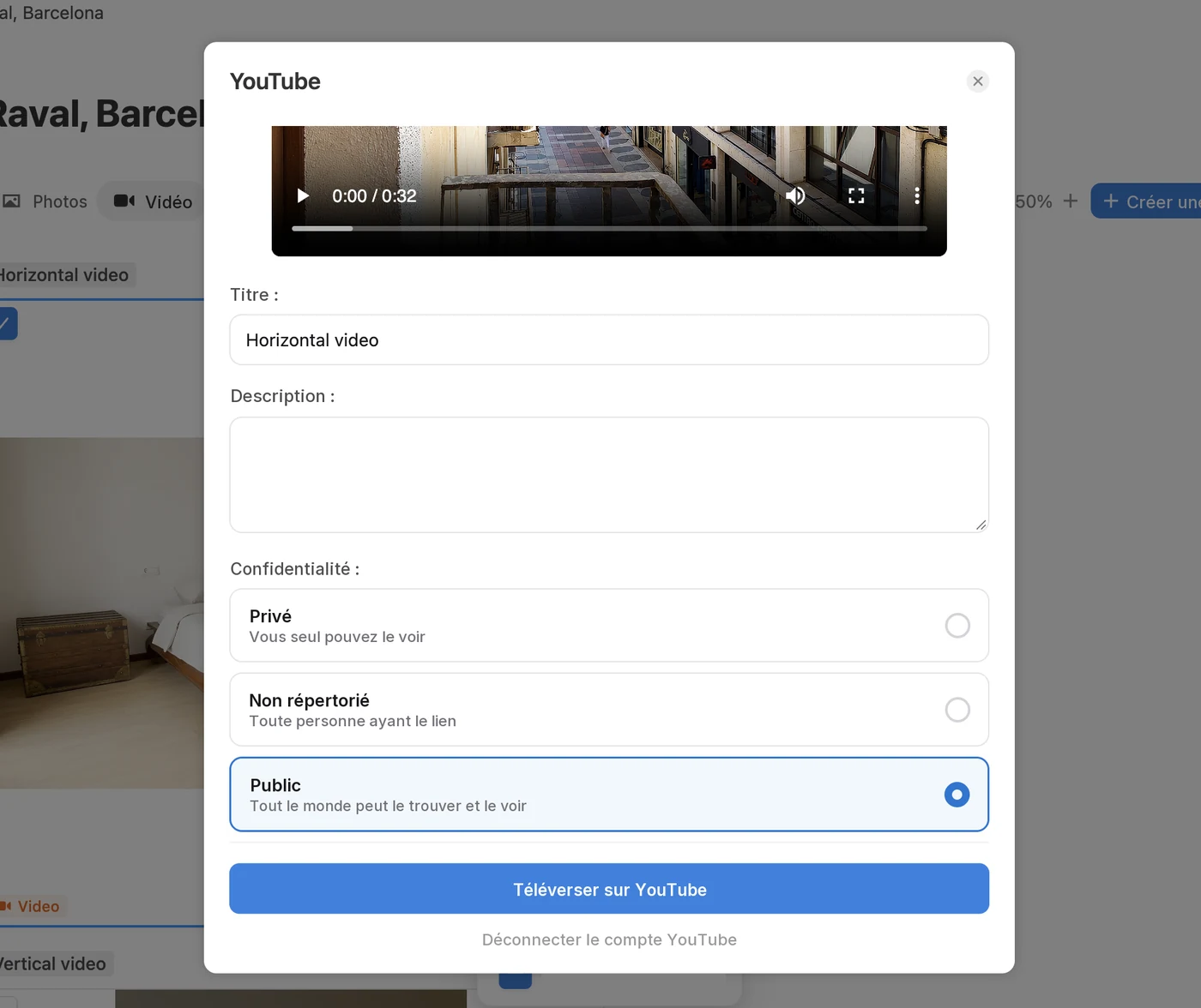 Téléverser la vidéo d'un bien sur YouTube depuis Pedra avec titre, description et confidentialité