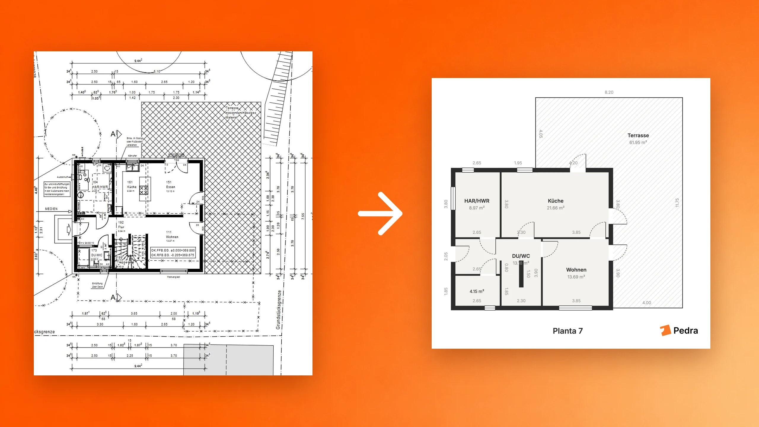 A cluttered architectural planning drawing next to the clean floor plan Pedra produced from it